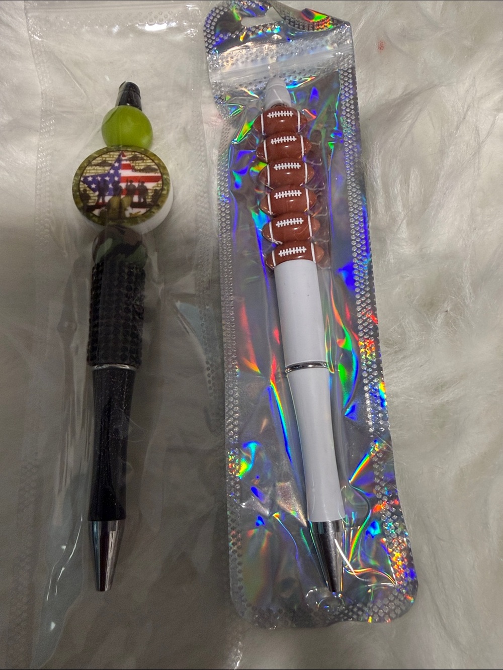 Novelty Football & American Flag Bead Pens - White & Black